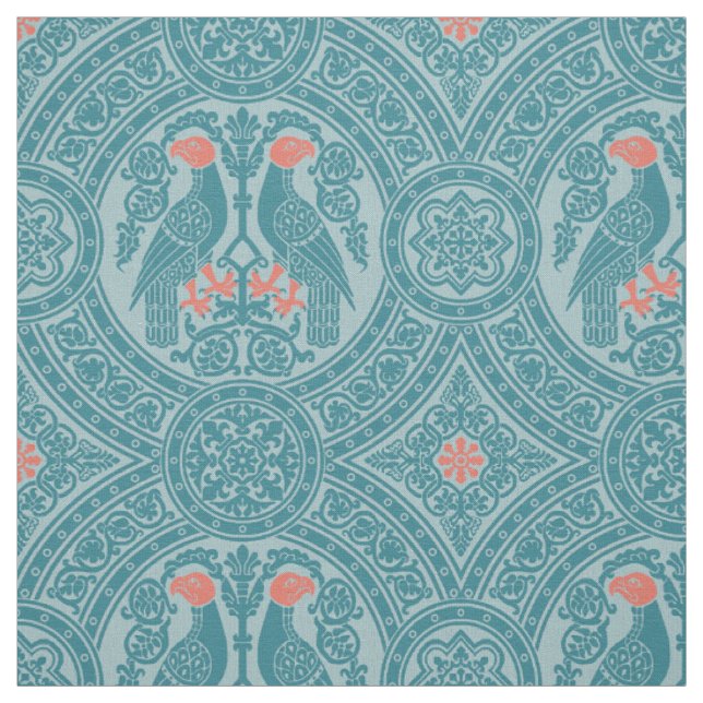 Tissu Oiseaux byzantins turquoise et corail (Échantillon)