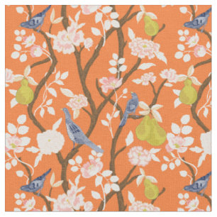 Tissu Oiseaux de Chinoiserie orange et bleu