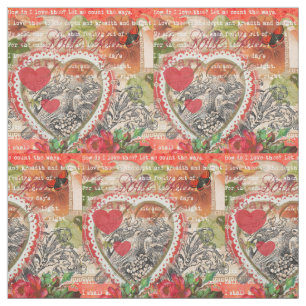 Tissu Oiseaux de l'amour Cœur Rouge Collage d'art
