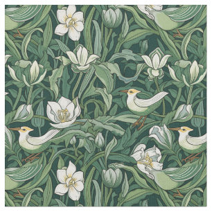 Tissu Oiseaux et tulipes Vert Art Nouveau