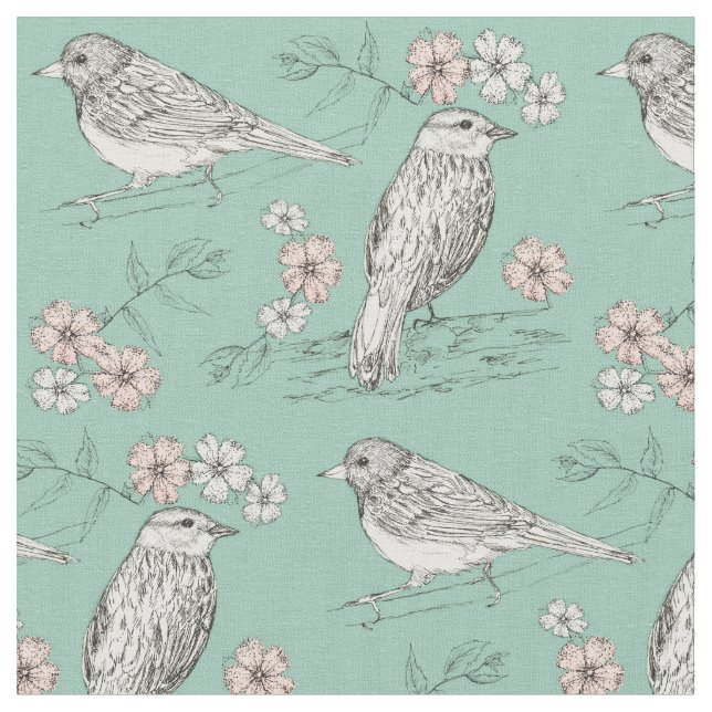 Tissu Oiseaux Fleurs roses Robins Oeuf Bleu (Fermer)