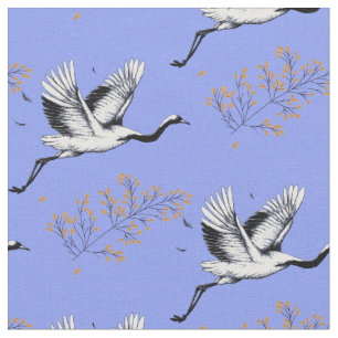 Tissu Oiseaux Granes Japonais. Branches de plantes.Bleu
