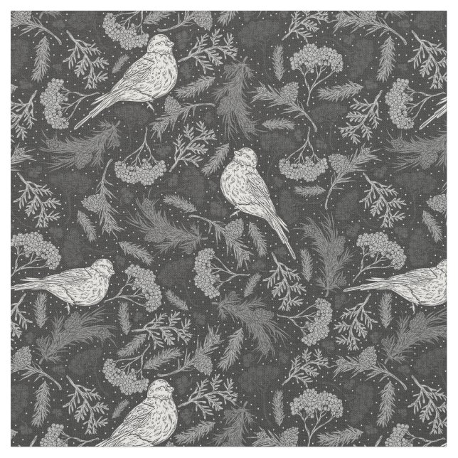 Tissu Oiseaux noirs et blancs d'hiver brillants Motif fl (Fermer)