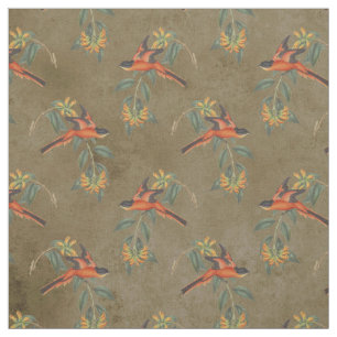Tissu Oiseaux orange et fleurs jaunes sur les Brown