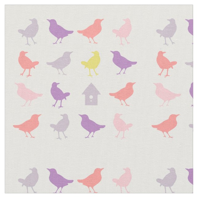 Tissu Oiseaux pastel rose et violet avec Birdhouse (Fermer)
