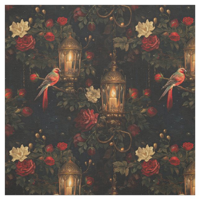 Tissu Oiseaux rouges floraux et lanternes sur noir (Échantillon)