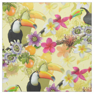 Tissu Oiseaux Toucans, Fleurs de Passion, Plumeria Tropi