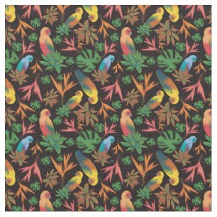 Tissu Oiseaux tropicaux Motif floral noir