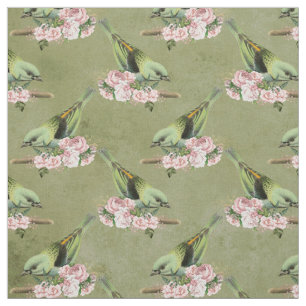 Tissu Oiseaux verts et flore rose