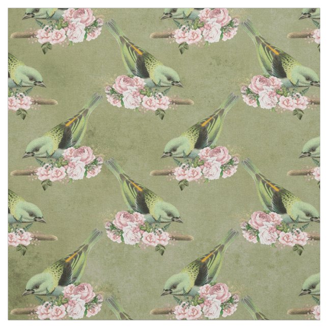 Tissu Oiseaux verts et flore rose (Échantillon)