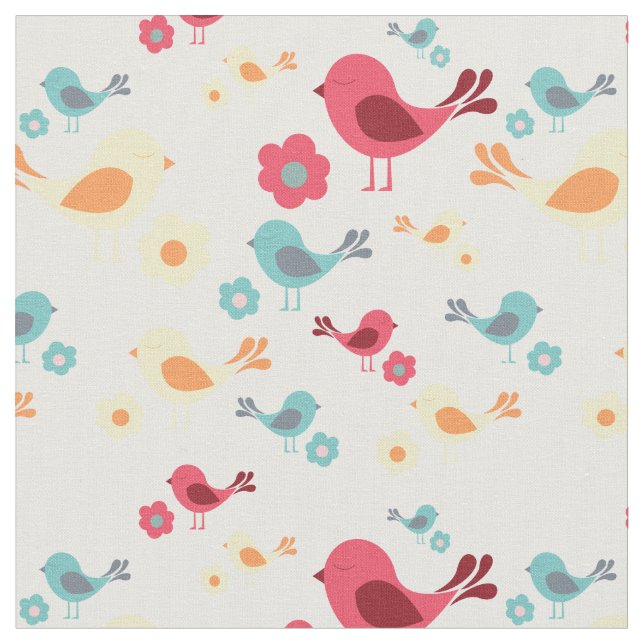 Tissu oiseaux vintages - rose, bleu, jaune (Fermer)