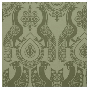 Tissu Olive Green Peacocs médiévaux et dragons
