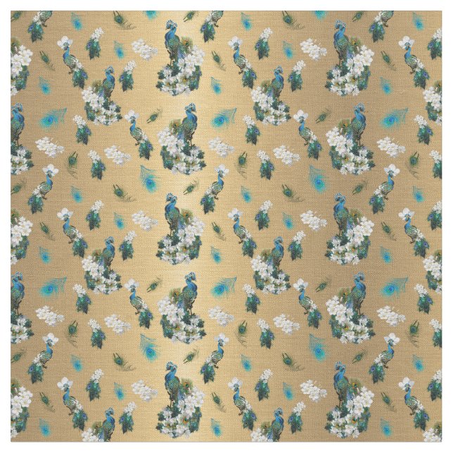 Tissu Or - Plumes Peacock exécutant l'impression (Fermer)