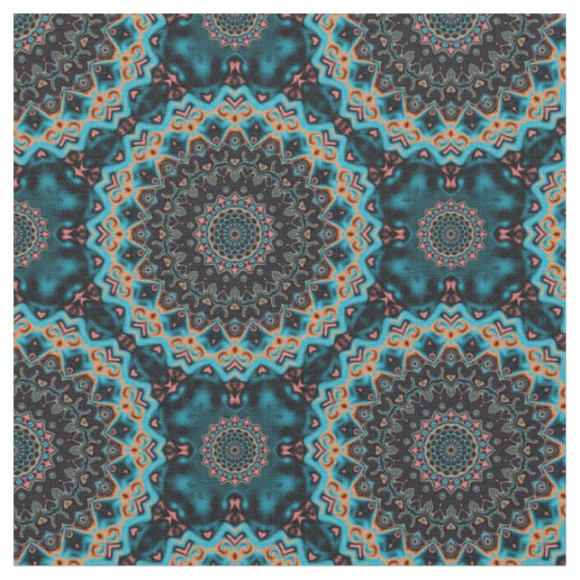 Tissu Orange bleu Turquoise noir Mandala Boho Motif (Fermer)