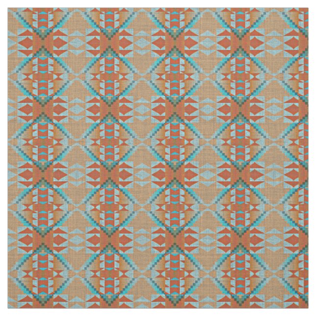 Tissu Orange Brown Turquoise Bleu Eclectique Ethnique (Échantillon)