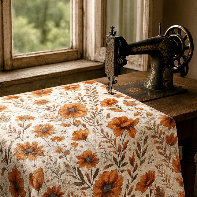 Tissu Orange Brûlé Botanique sur Floral Blanc (Créateur téléchargé)