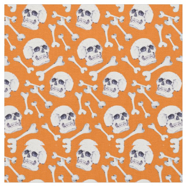 Tissu Orange Citrouille crâne et os (Fermer)