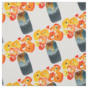Tissu Orange fleurs de pavot aquarelle