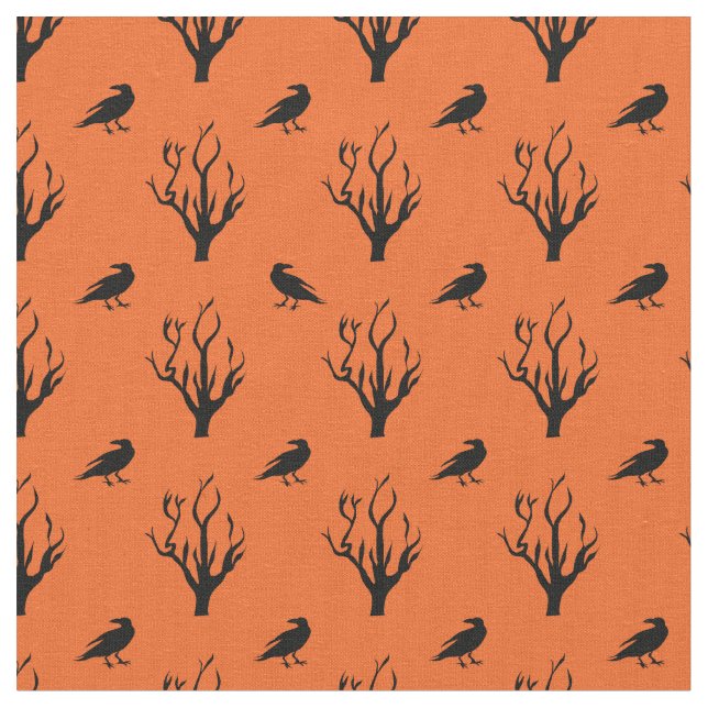 Tissu orange Halloween avec corbeaux et arbres mor (Fermer)