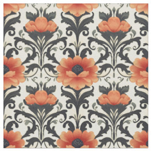 Tissu Orange / Noir / Gris Floral Art Nouveau