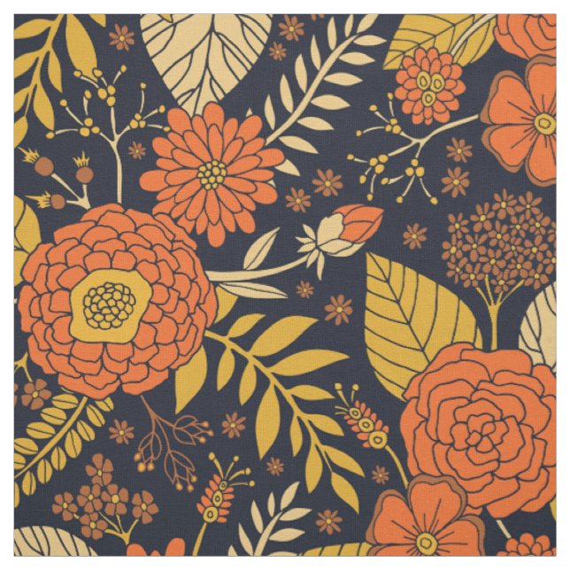 Tissu Orange rétro, Jaune & Marine Floral  (Échantillon)