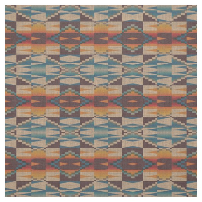 Tissu Orange Rouge Turquoise Bleu Brown Aztec Mosaic Mot (Échantillon)
