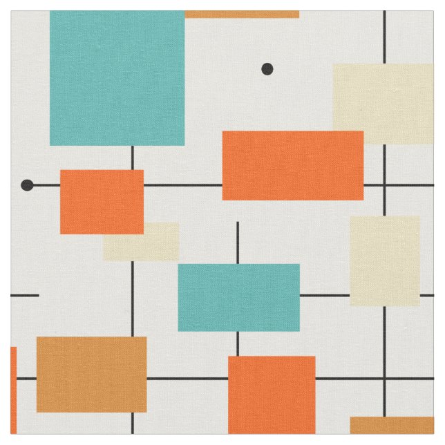 Tissu Orange Turquoise Carré Lines Mid Century Moderne (Fermer)