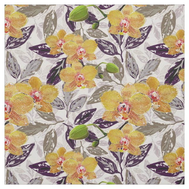 Tissu Orchidées jaunes oranges. (Échantillon)