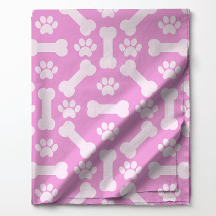 Tissu Os et Empreintes de Pattes de Chien Roses et Blanc