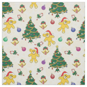 Tissu Ours de Noël, cloches et arbres