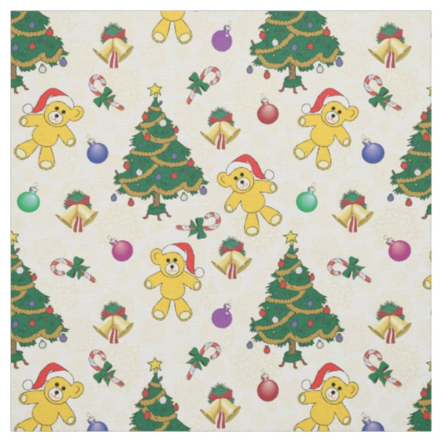 Tissu Ours de Noël, cloches et arbres (Échantillon)