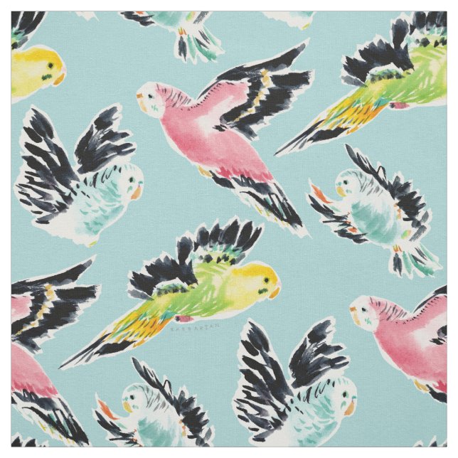 Tissu OUTFLIERS Cute Parakeet Print Aqua Fabric (Échantillon)