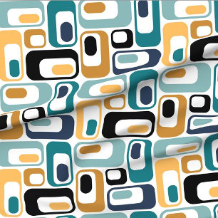 Tissu ovales rétro blanc turquoise moutarde noir aqua in