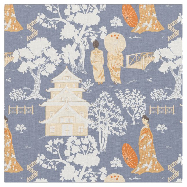 Tissu Pagode de la Chinoiserie bleue et orange (Fermer)