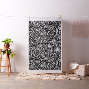 Tissu Paisley floral blanc motif sur noir