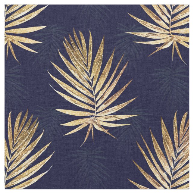 Tissu Palme d'or bleu tropicale Verdure Feuille (Fermer)