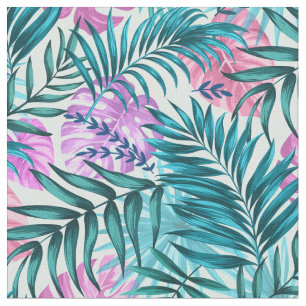 Tissu Palme rose et Turquoise Tropical & Monstera Feuill