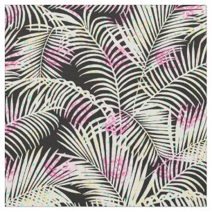 Tissu Palmier tropical blanc noir rose moderne floral