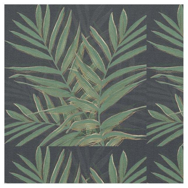 Tissu Palmier Vert Feuille Gold Strokes Gris Design (Fermer)