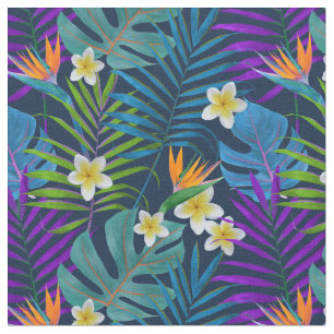 Tissu Palmiers de Monstera Plumeria Oiseaux du Paradis