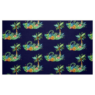 Tissu Palmiers tropicaux et fleurs sur la marine