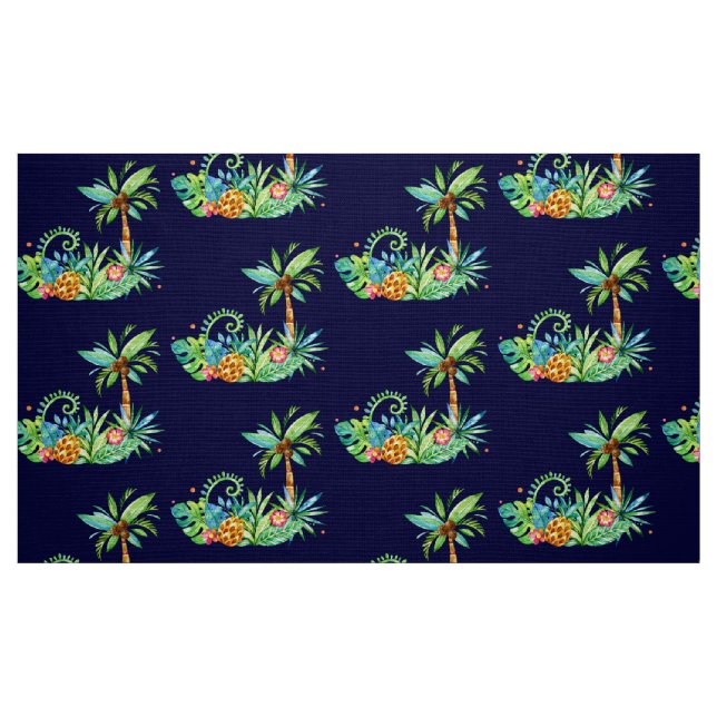 Tissu Palmiers tropicaux et fleurs sur la marine (Fat Quarter)
