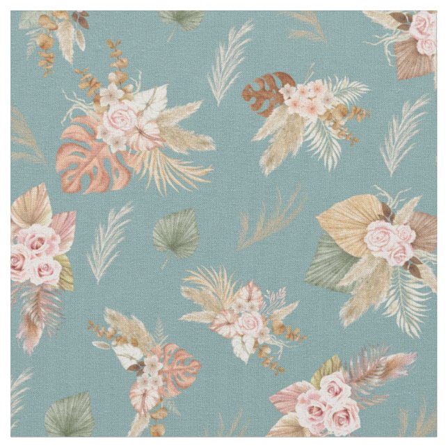 Tissu Pampas Grass & Flowers sur Bluish Green (Fermer)