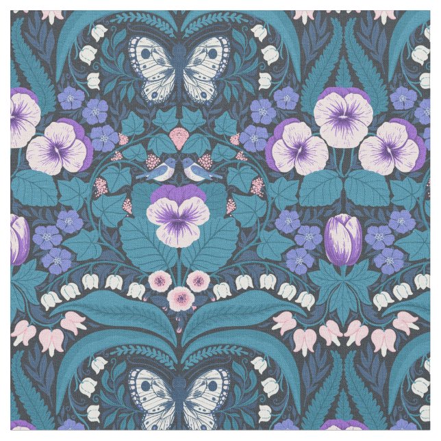 Tissu Pansies, oiseaux et papillons (Fermer)