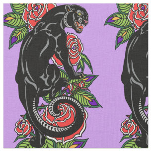 Tissu Panthère noire et roses en fleurs