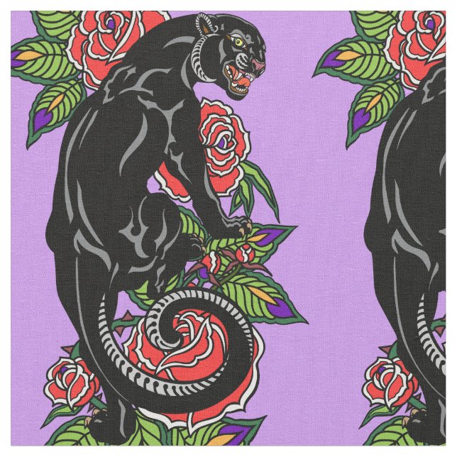 Tissu Panthère noire et roses en fleurs (Fermer)