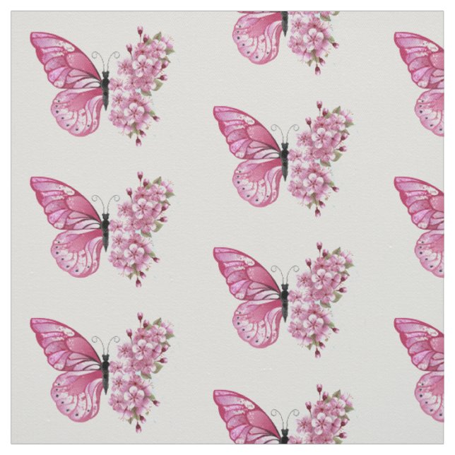 Tissu Papillon à fleurs avec Sakura rose (Échantillon)