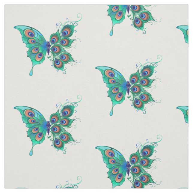 Tissu Papillon aux plumes de paon vert (Échantillon)