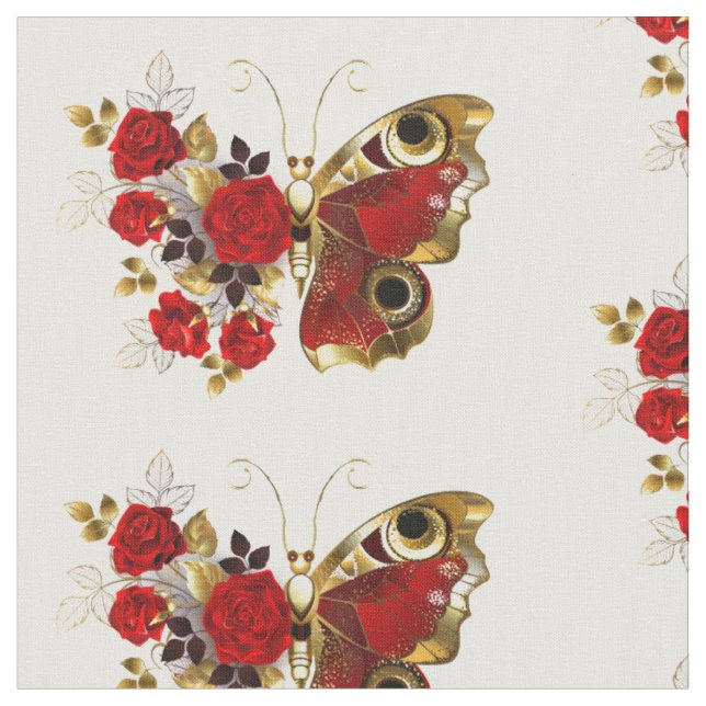Tissu Papillon de fleurs rouges aux roses rouges (Fermer)