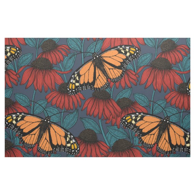 Tissu Papillon monarque sur des fleurs rouges (Fat Quarter)